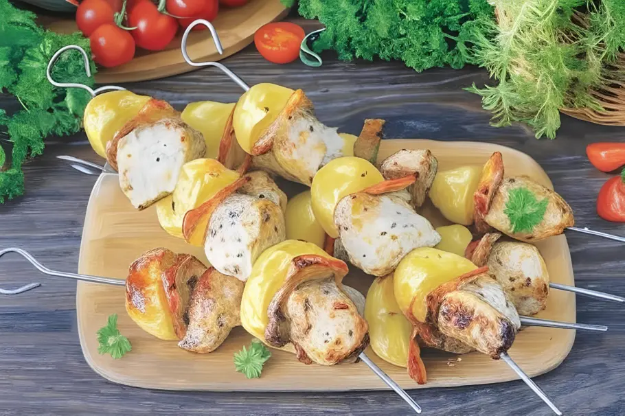 Фото готового рецепта Сочный шашлык из курицы с картошкой и ароматным салом