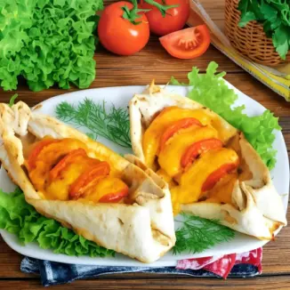 Рецепт Лодочки из лаваша с курицей, сыром и помидорами