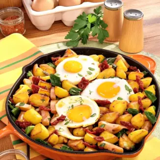 Рецепт Картофель с мясом под яйцом на сковороде