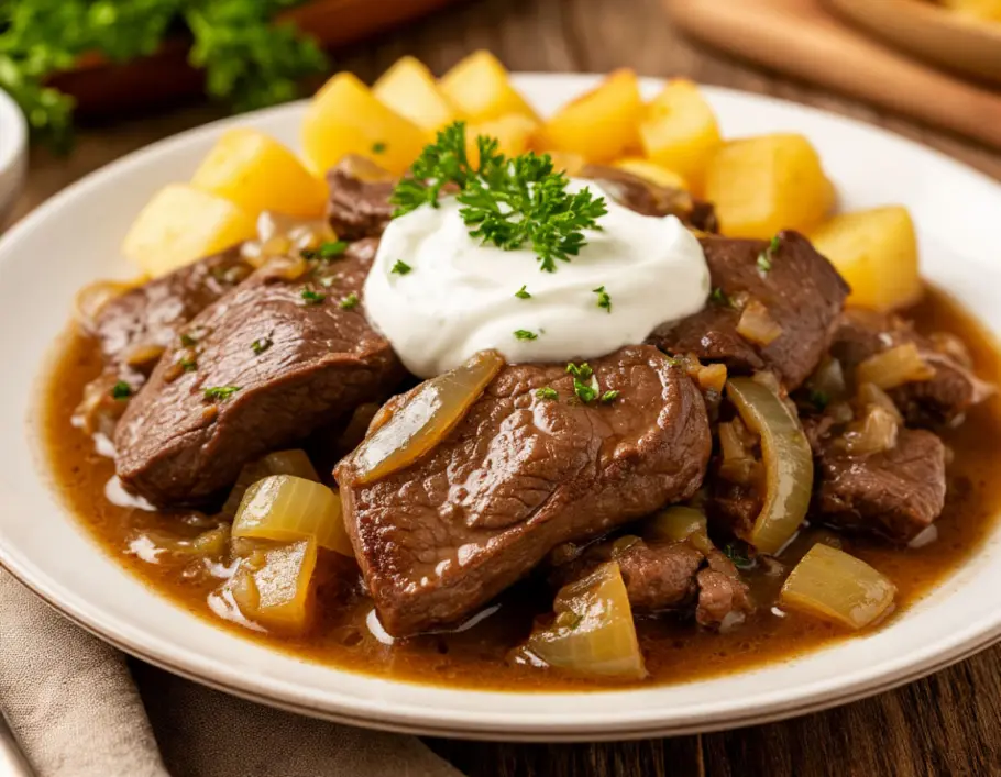 Фото готового рецепта Говяжья печень с луком и сметаной — нежная и сочная