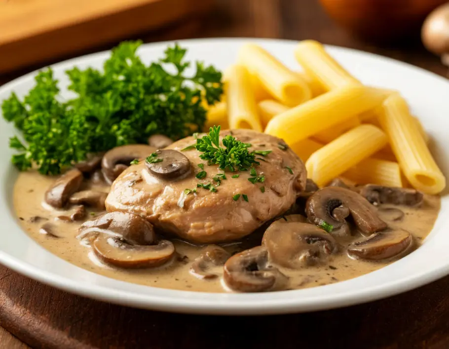 Фото готового рецепта Куриная печень в сливочном соусе с грибами — быстро и вкусно
