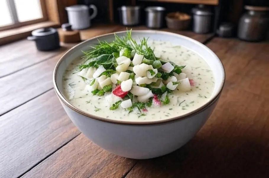 Фото готового рецепта Окрошка на кефире с редисом и зеленью