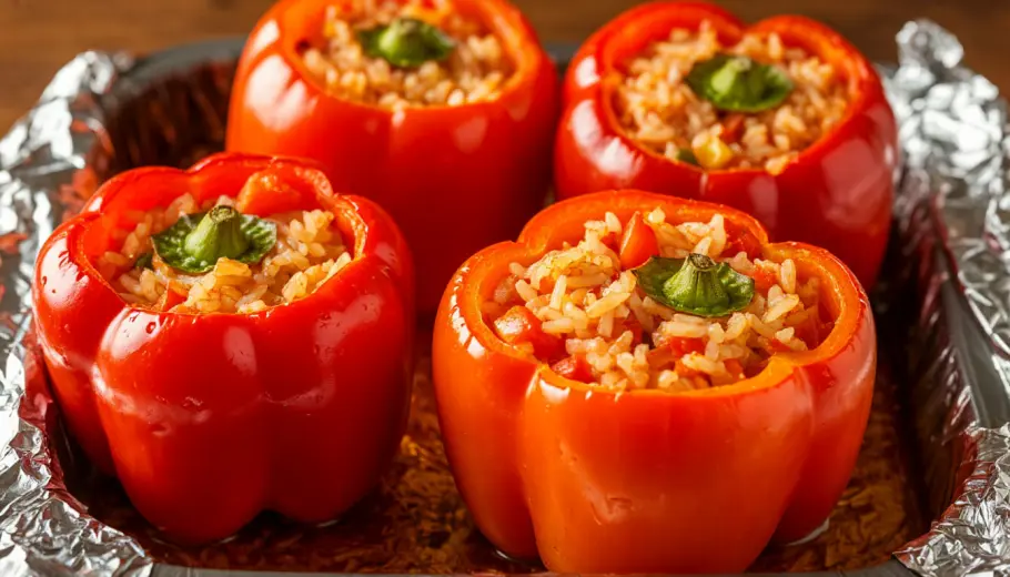 Фото готового рецепта Фаршированные перцы по-болгарски с рисом и овощами
