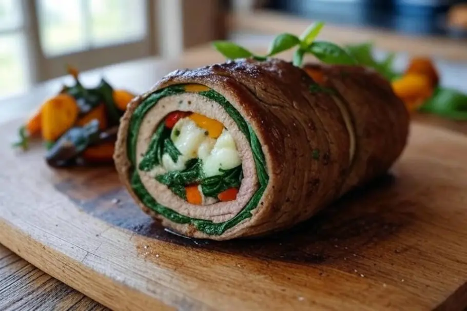 Фото готового рецепта Рулет из говядины с овощами и моцареллой