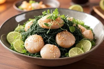 Фото Тёплый салат из морской капусты с гребешками и кунжутной заправкой