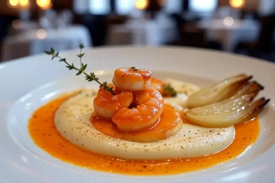 Фото готового рецепта Креветки в апельсиновом соусе с фенхелем и кремом из пастернака