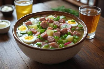 Фото Окрошка на квасе классическая с колбасой и свежими овощами