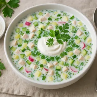 Изображение рецепта Окрошка на кефире с курицей — лёгкий рецепт без кваса