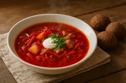 Фото Украинский красный борщ с мясом и капустой