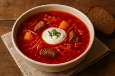 Фото Классический украинский борщ с мясом и свеклой
