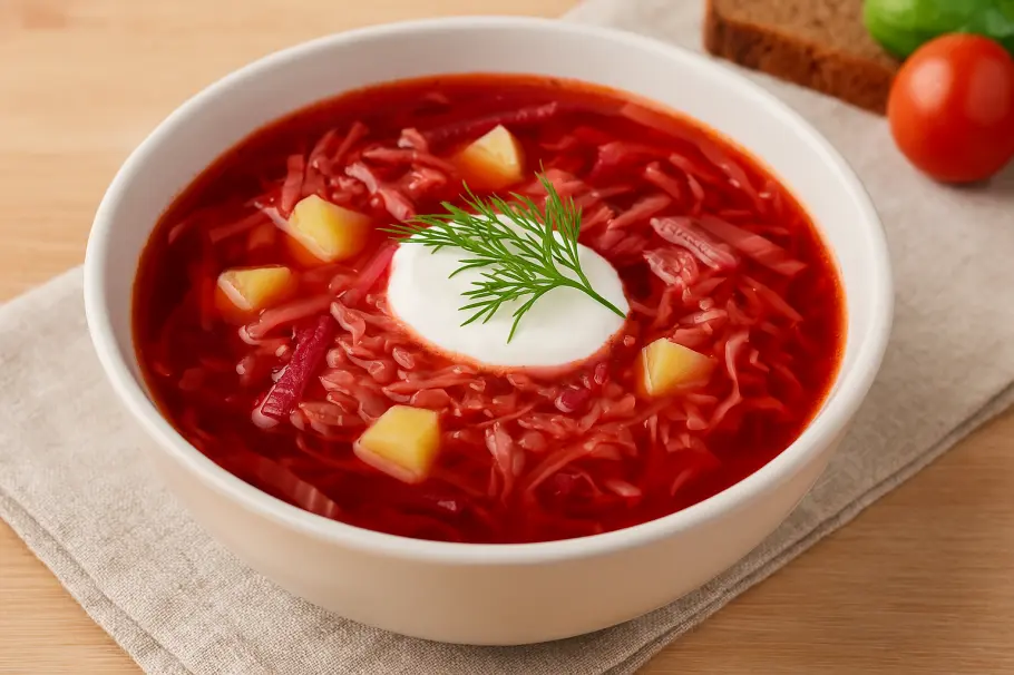Фото готового рецепта Свежий борщ с капустой и свеклой без мяса