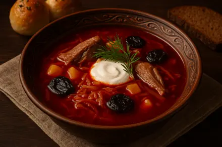 Фото Украинский борщ с уткой и черносливом