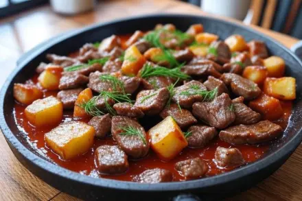Фото Азу с говядиной и картофелем на сковороде