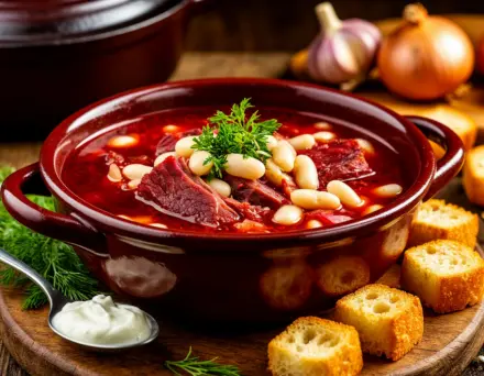 Фото Сытный борщ с фасолью и копченостями