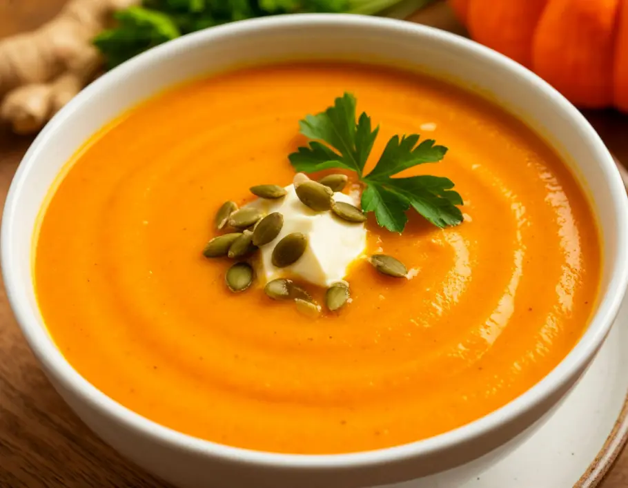 Фото готового рецепта Тыквенный суп-пюре с имбирем