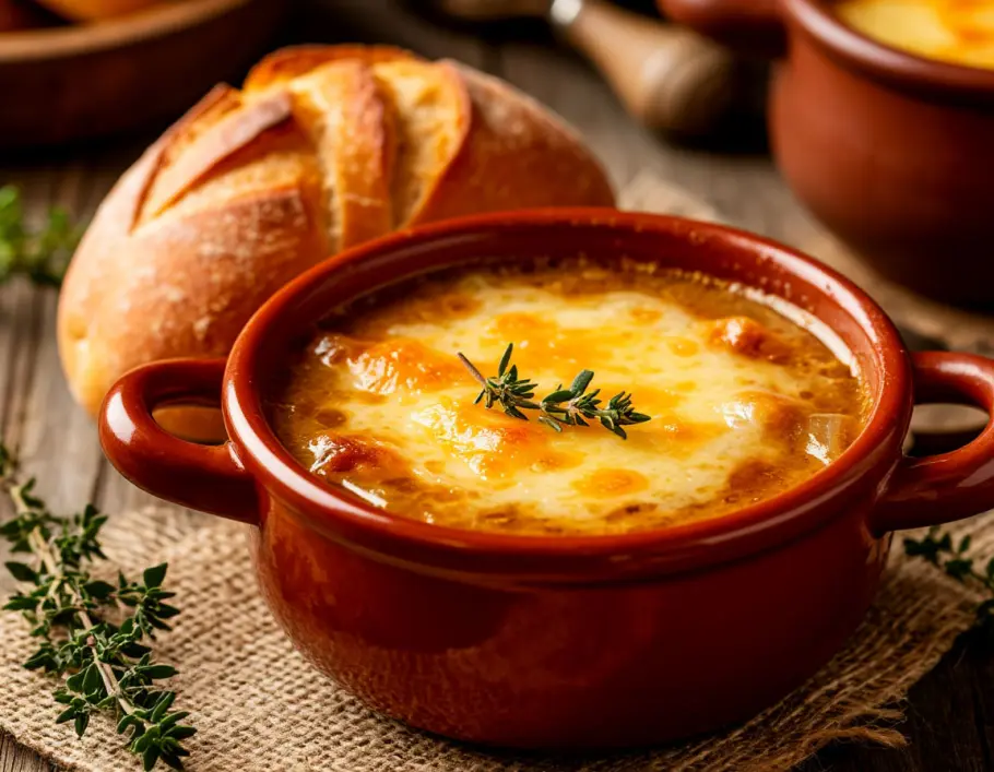 Фото готового рецепта Луковый суп по-французски с сырной корочкой