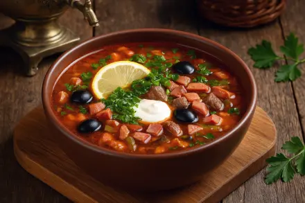 Фото Солянка сборная мясная с копченостями и солеными огурцами