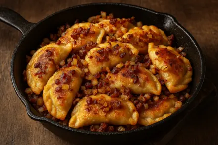 Фото Жареные вареники с картошкой, салом и луком на сковороде
