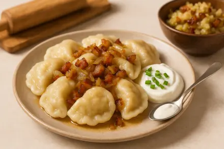Фото Домашние вареники с картошкой и салом