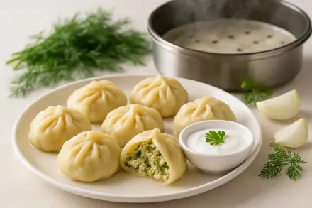 Фото Манты в пароварке с курицей и зеленью