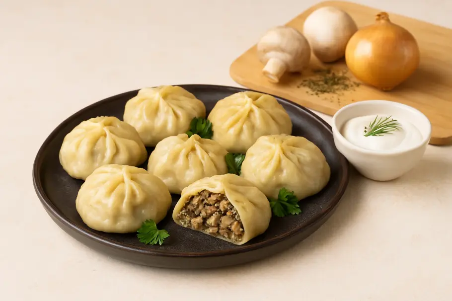 Фото готового рецепта Вкусные манты с говядиной и грибами