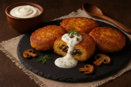 Фото Драники с грибами и сметанным соусом