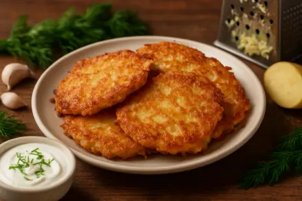 Фото Картофельные драники с луком и яйцом на сковороде