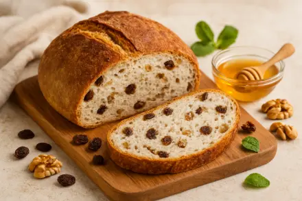 Фото Домашний хлеб с грецкими орехами и изюмом на дрожжах