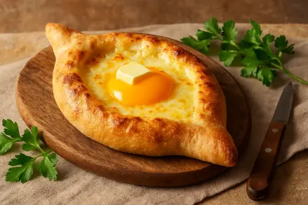 Фото Хачапури по-аджарски с сыром и яйцом