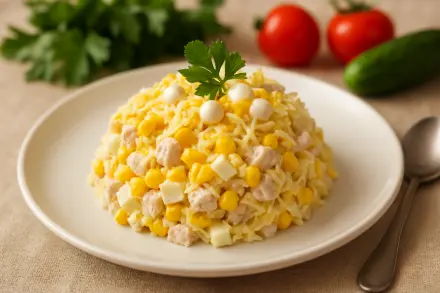 Фото Аппетитный салат с курицей, кукурузой и сыром