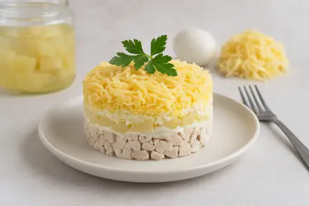 Фото Слоёный салат с курицей, ананасами и сыром