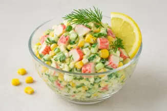 Изображение рецепта Крабовый салат с кукурузой, яйцами и свежим огурцом