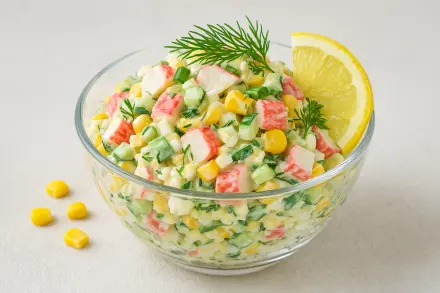 Фото Крабовый салат с кукурузой, яйцами и свежим огурцом