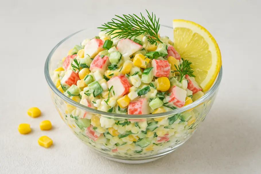 Фото готового рецепта Крабовый салат с кукурузой, яйцами и свежим огурцом