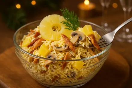 Фото Салат с копченой курицей и ананасом, грибами и сыром