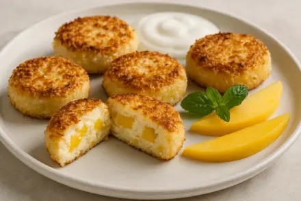 Фото Сырники с кокосовой стружкой и манго