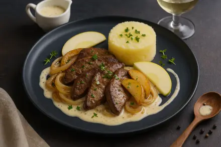 Фото Печень по-гусарски с яблоками и сливочным соусом