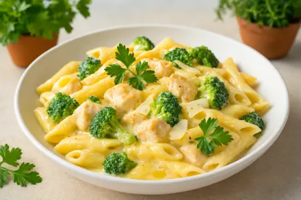 Фото Пенне с курицей и брокколи в сырном соусе