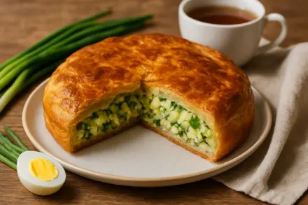 Фото Слоеный пирог с зеленым луком и яйцом