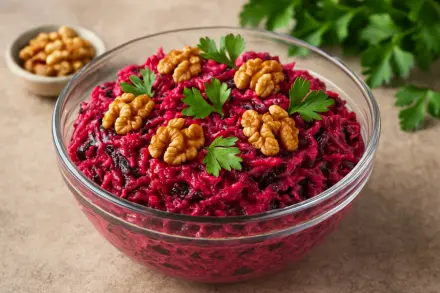 Фото Свекольный салат с грецкими орехами и черносливом