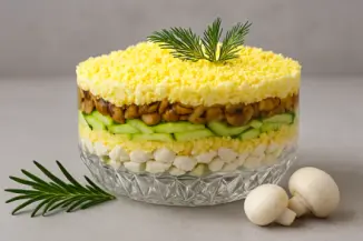 Изображение рецепта Слоёный салат «Нежность» с курицей и шампиньонами