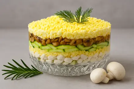 Фото Слоёный салат «Нежность» с курицей и шампиньонами