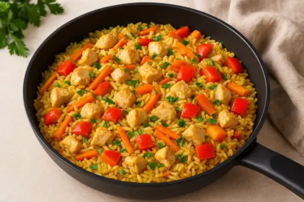 Фото Летний плов с курицей и овощами на сковороде