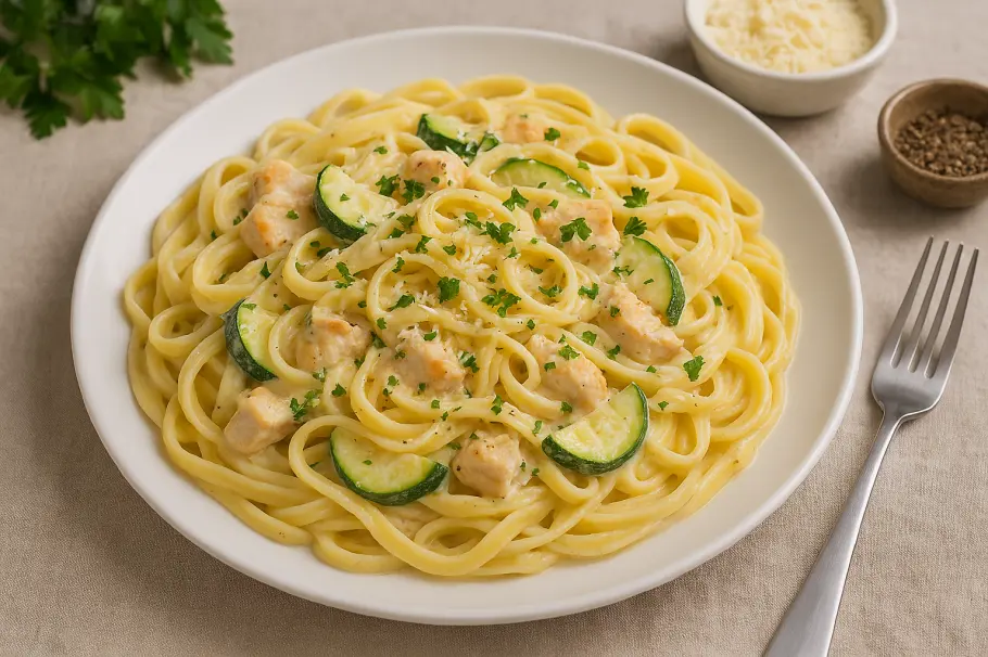Фото готового рецепта Паста с курицей, кабачком и сливочным соусом