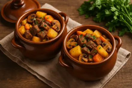 Фото Жаркое из говядины с картошкой и грибами в горшочках