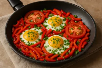 Изображение рецепта Легкая яичница с помидорами, перцем и зеленью
