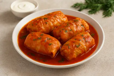 Фото Сочные голубцы с мясом и рисом в томатном соусе