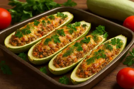 Фото Фаршированные кабачки с фаршем и овощами в духовке