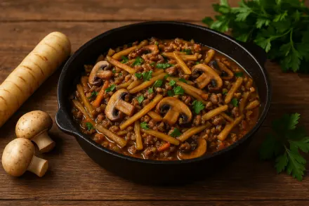 Фото Тушеный корень лопуха с грибами и мясом