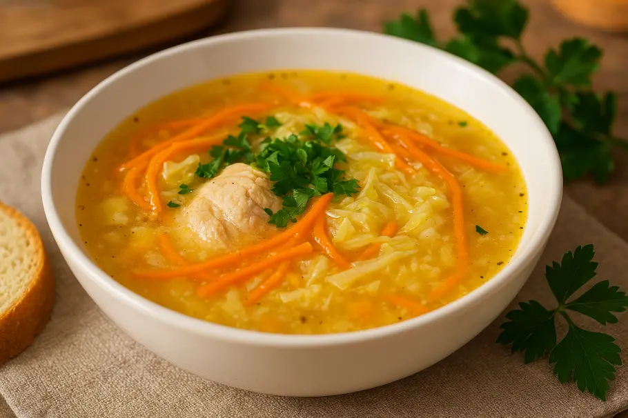 Фото готового рецепта Ароматный куриный суп с манкой и корейской морковкой